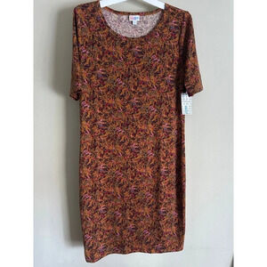 LuLaRoe Women’s Julia Dress, Leaf Floral Print Short Sleeves Rust Brown XL